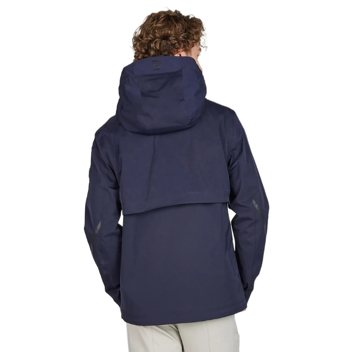 Person wearing a navy blue jacket on a white background