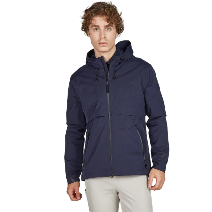 Man wearing a navy blue jacket on a white background
