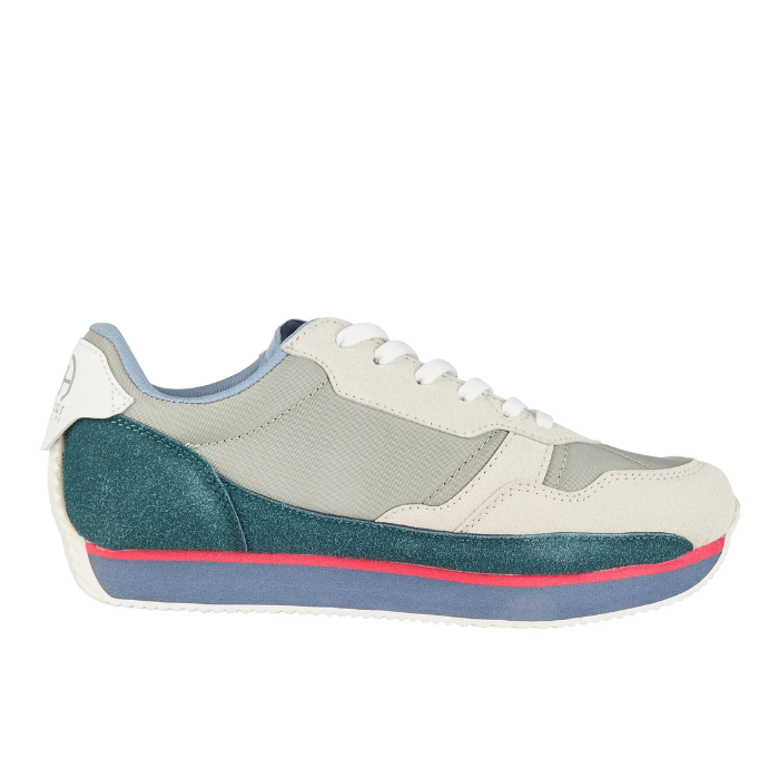 Training shoe with grey upper and green suede panel on a white background