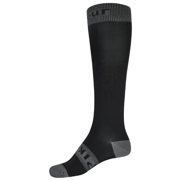 Black knee-high sock with gray accents on a white background