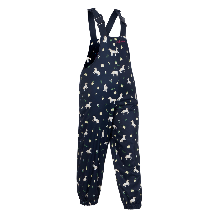LeMieux AW26 Mini Pippin Splash Dungarees Varient Navy. A pair of navy blue children's rainoveralls with adjustable shoulder straps, featuring an all-over print of white horses, yellow flowers, and small green leaves, shown against a plain white background.