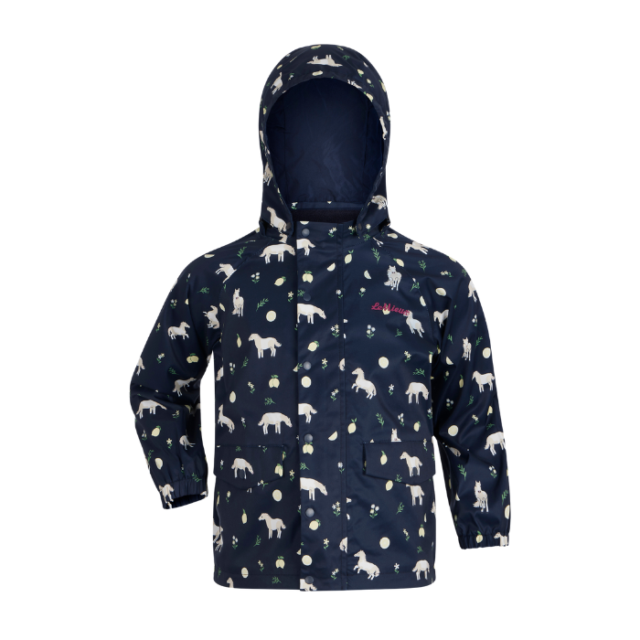 LeMieux AW26 Mini Pippin Splash Jacket Varient Navy.  A hooded children's jacket in navy blue with an allover print of white horses, yellow flowers, and small green leaves. The brand name 'LeMieux' is visible in red on the left chest.