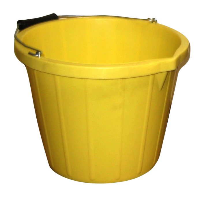 Yellow bucket with a black handle on a white background