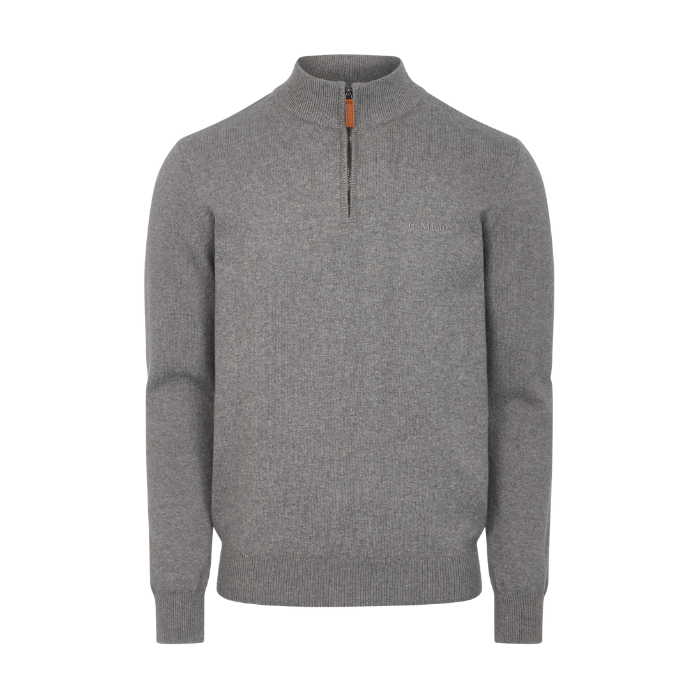 LeMieux AW26 Mens Quarter Zip Knit Varient Grey. A gray half-zip knit sweater with a stand collar and a small brown leather accent on the zipper pull, shown against a plain white background.
