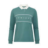 LeMieux AW26 Rochelle Rugby Shirt Variant Colour Aloe. 
A long-sleeve polo shirt in teal green with a white collar, featuring a white horizontal stripe across the chest with the brand name 'LEMIEUX' printed in white.