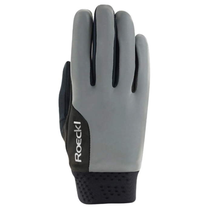 Gray and black glove with 'Roeckl' branding on a white background