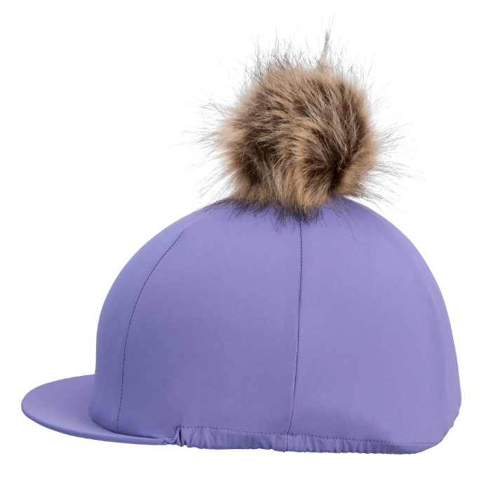 Purple riding hat with a fur pom-pom on a white background
