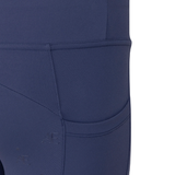 Close-up of a blue athletic outfit with a brand logo on a white background