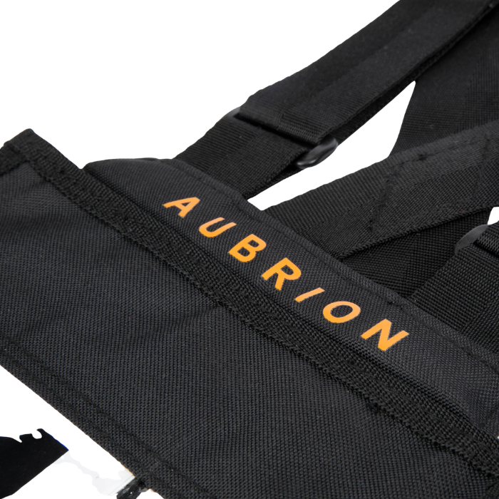 Black vest with 'Aubrion' branding on a white background