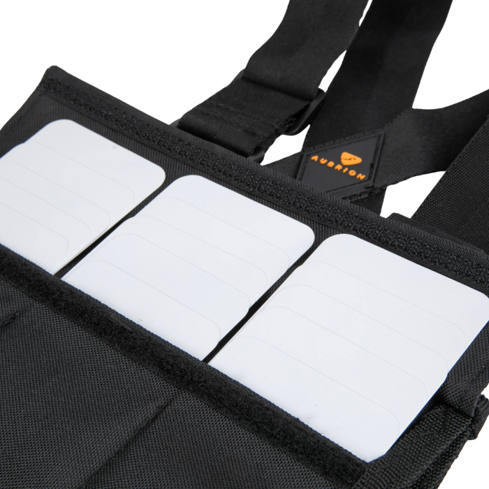 Black and white protective vest with a brand logo on a white background