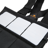 Black and white protective vest with a brand logo on a white background