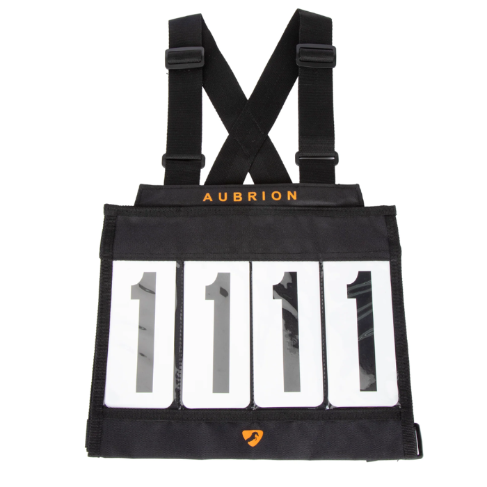 Black  vest with reflective numbers and 'Aubrion' branding on a white background