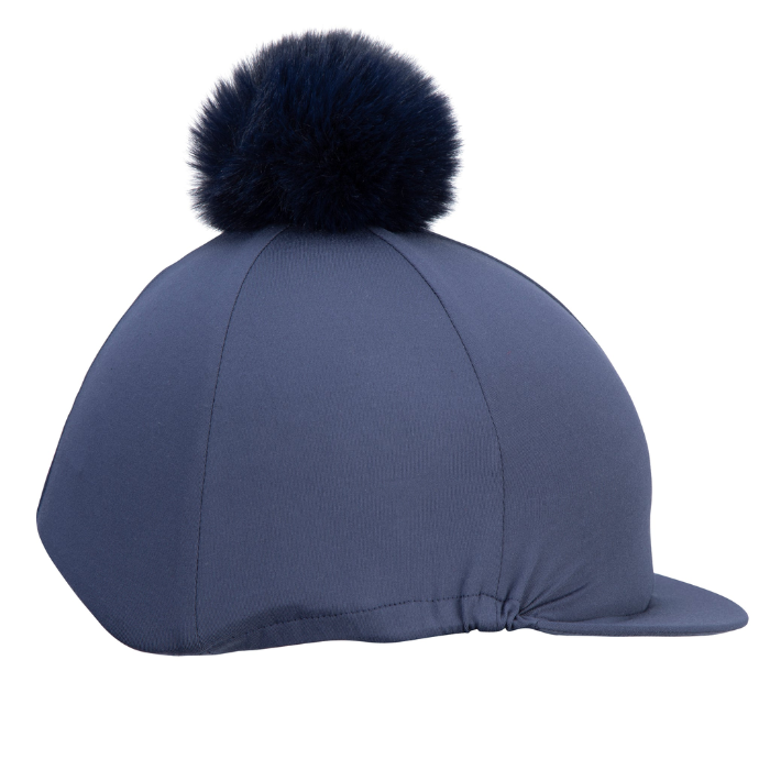 Navy blue riding cap with a black fur pom-pom on a white background