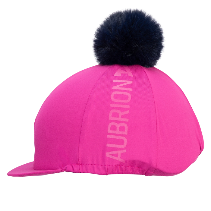 Pink equestrian cap with black pom-pom on a white background