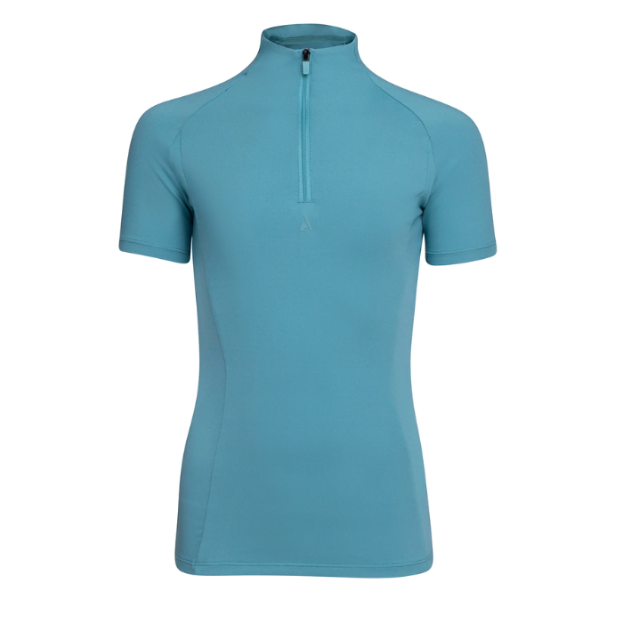 Teal short-sleeve shirt with a quarter zip on a white background