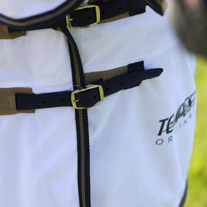 Navy Blue straps on a white horse rug with blurred grass background