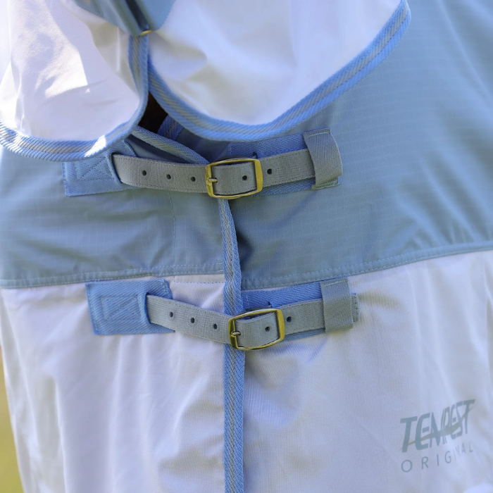 Close-up of a blue horse rug with front double buckles