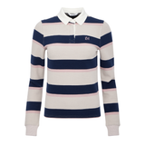 LeMieux AW26 Sloane Stripe Rugby Shirt Variant Colour Stone.
A women's long-sleeve rugby shirt with horizontal navy, cream, and light pink stripes, featuring a white collar and a small embroidered 'IM' logo on the left chest.