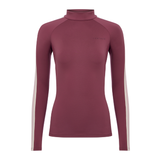 LeMieux AW26 Talia Turtle Neck Base Layer Variant Colour Bramble.
A women's long-sleeve mock neck athletic top, featuring light beige stripes down the sleeves and a small tonal brand logo on the left chest, shown against a plain white background.