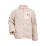 LeMieux AW26 Mini Thora Heart Fleece Varient Stone. A light pink and beige sherpa fleece zip-up jacket with a textured honeycomb pattern, featuring a pink chest pocket with a horse graphic and a matching zipper pull.