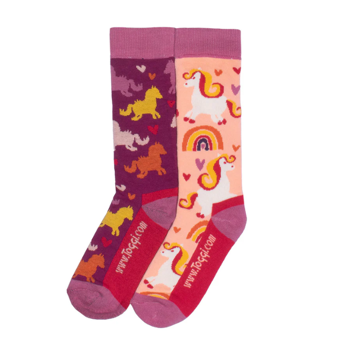 Pair of socks with rainbow and pony pattern on a white background