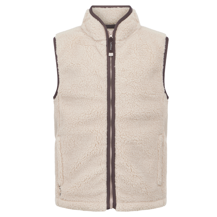 LeMieux AW26 Young Rider Trinity Teddy Gilet Varient Almond. A sleeveless fleece vest in cream with dark brown trim and a front zipper, shown against a plain white background.