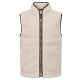 LeMieux AW26 Young Rider Trinity Teddy Gilet Varient Almond. A sleeveless fleece vest in cream with dark brown trim and a front zipper, shown against a plain white background.