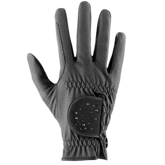 Black leather riding club with diamante detail on a white background
