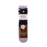 Navy and purple socks with pony face 'wild feet' on white background