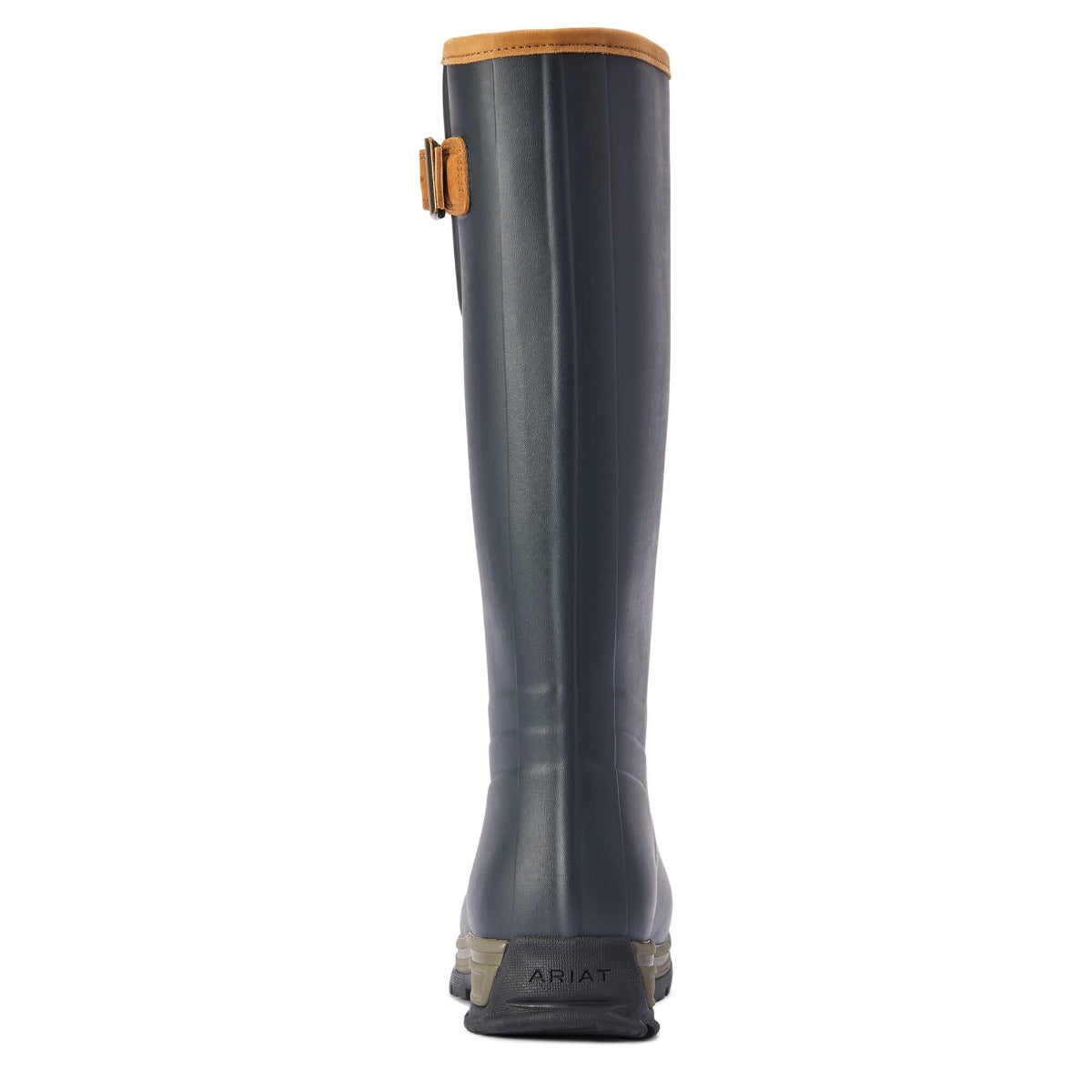 Blue wellington boot with a brown trim on a white background