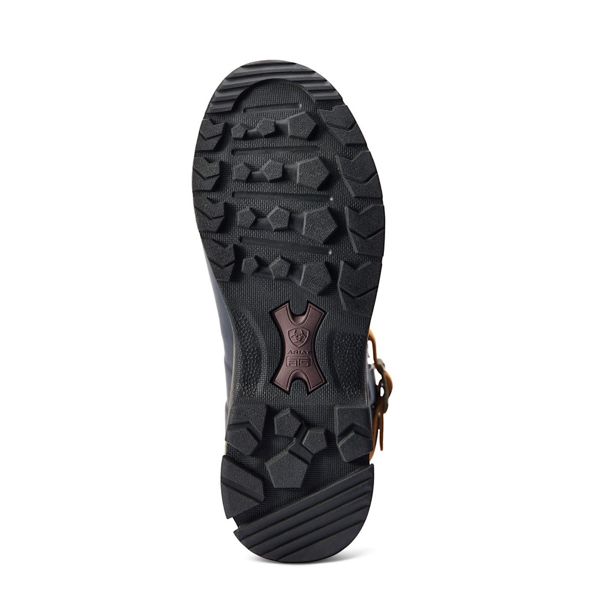 Black sole of a boot with ARIAT branding on a white background