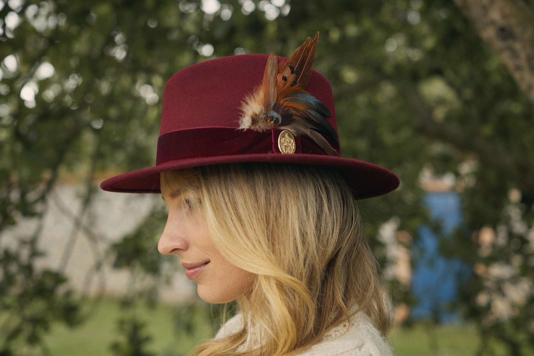 Hicks & Brown Ladies Chelsworth Coque & Pheasant Fedora-Hats, Scarves, Gloves & Headbands-Eland Lodge